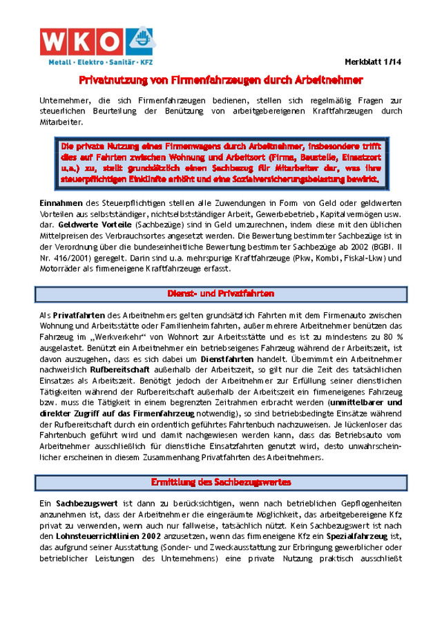 Merkblatt: Privatnutzung von Firmenfahrzeugen durch Arbeitnehmer