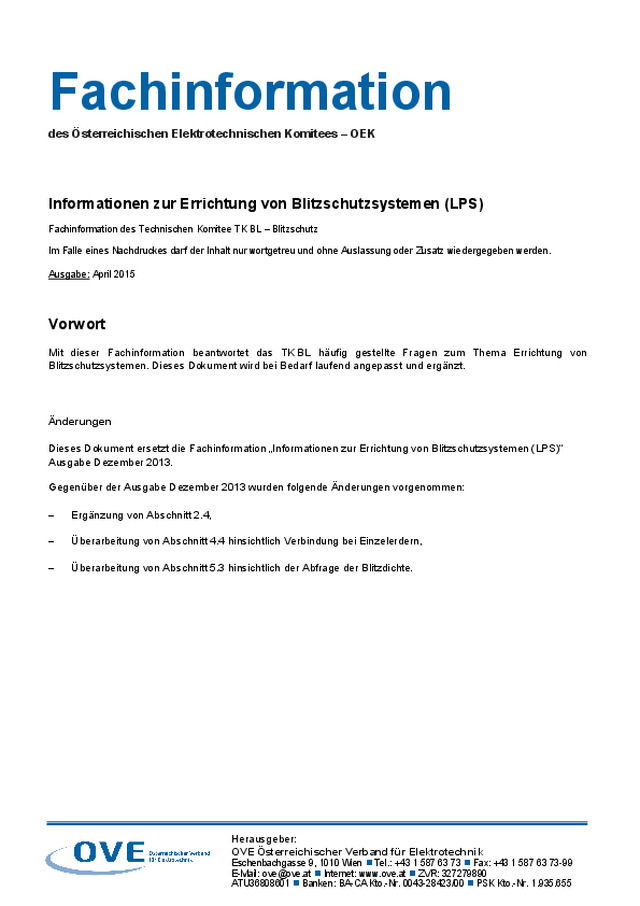Informationen zur Errichtung von Blitzschutzsystemen (LPS)