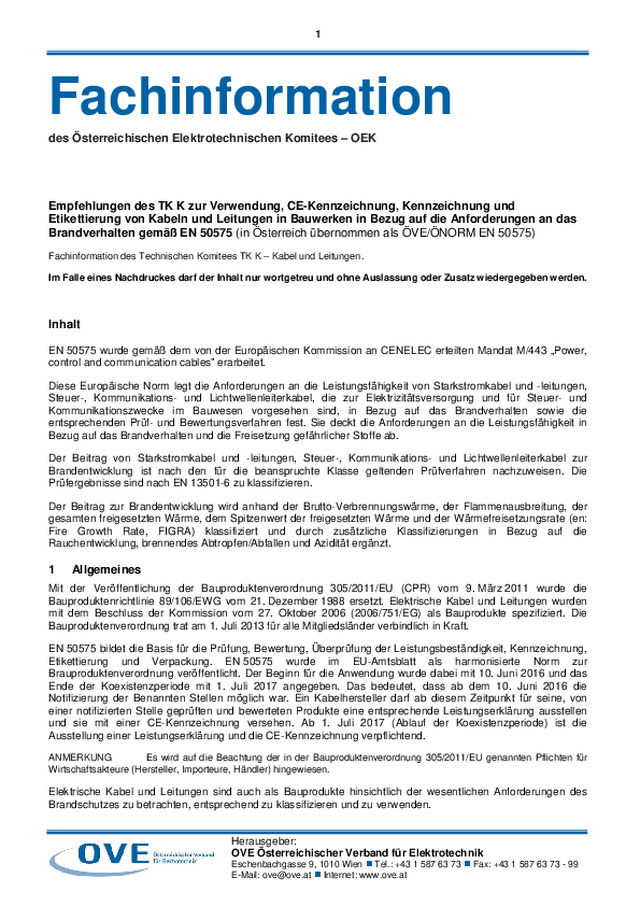 Verwendung und CE-Kennzeichnung von Kabeln und Leitungen in Gebäuden gemäß ihrem Brandverhalten