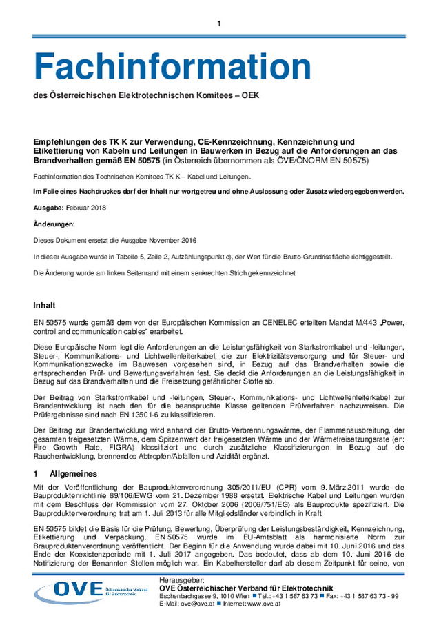 Empfehlungen des TK K zur Verwendung, CE-Kennzeichnung, Kennzeichnung und Etikettierung von Kabeln und Leitungen in Bauwerken in Bezug auf die Anforderungen an das Brandverhalten gemäß EN 50575