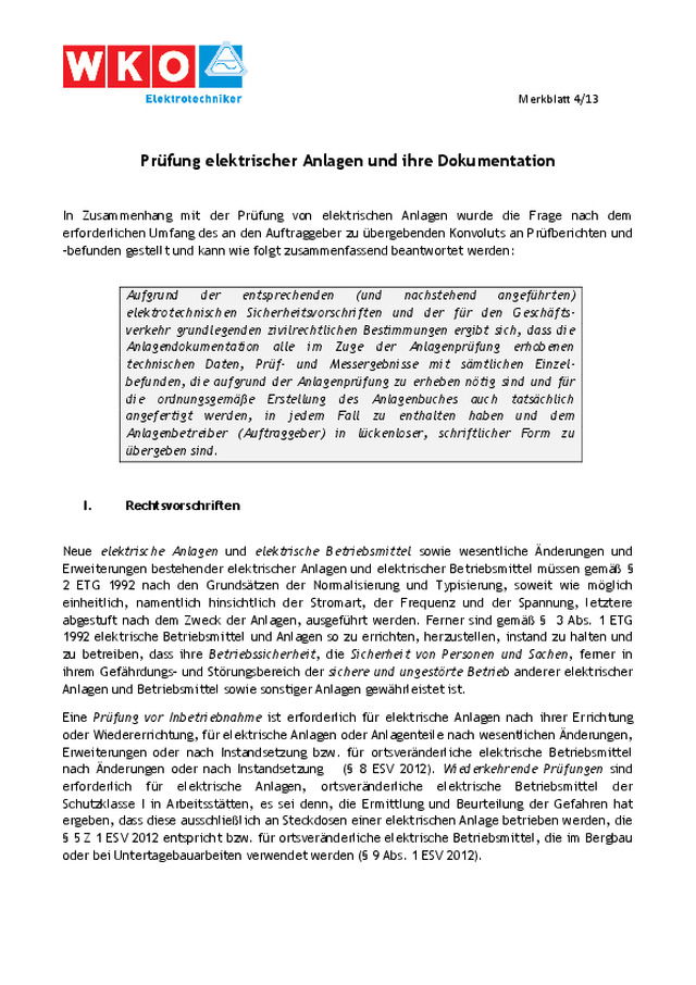 Rechtsvorschriften zur Prüfung elektrischer Anlagen und ihre Dokumentation
