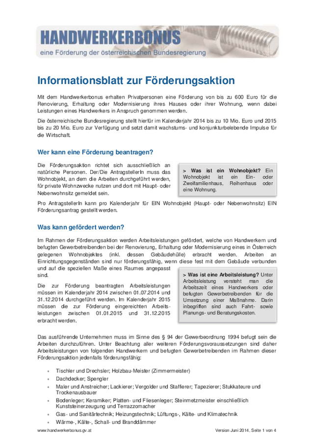 Handwerkerbonus Informationsblatt