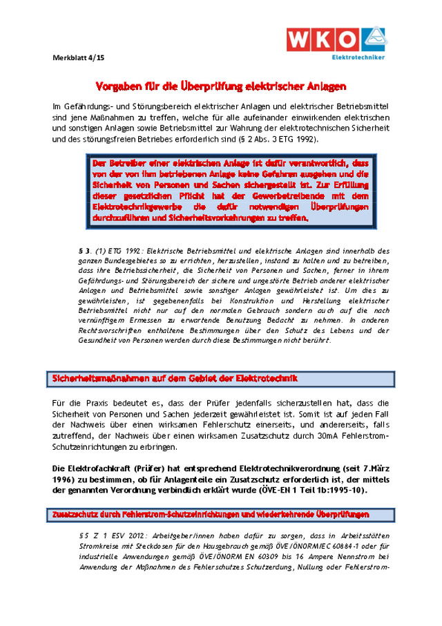 Vorgaben für die Überprüfung elektrischer Anlagen