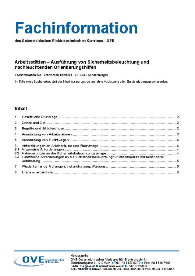Arbeitsstätten – Ausführung von Sicherheitsbeleuchtung und nachleuchtenden Orientierungshilfen