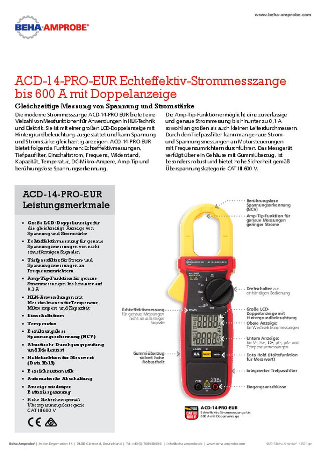 ACD-14-PRO-EUR Echteffektiv-Strommesszange bis 600 A mit Doppelanzeige