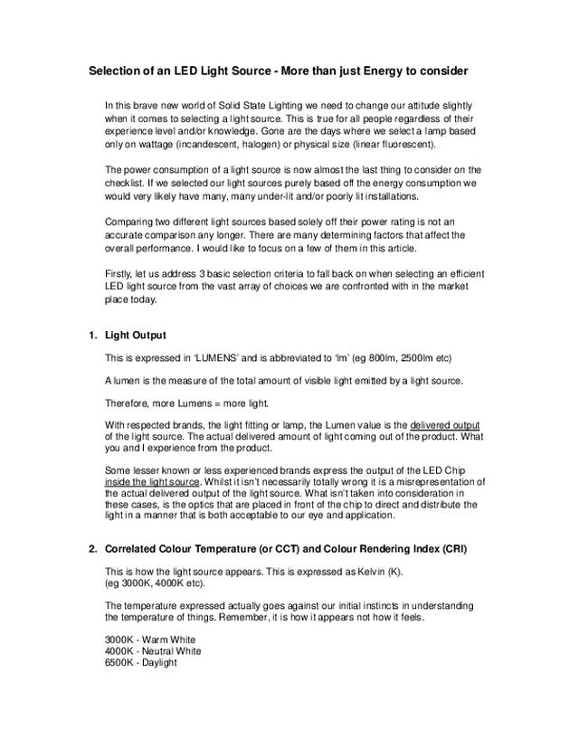 Selection of an LED Light Source - More than just Energy to consider