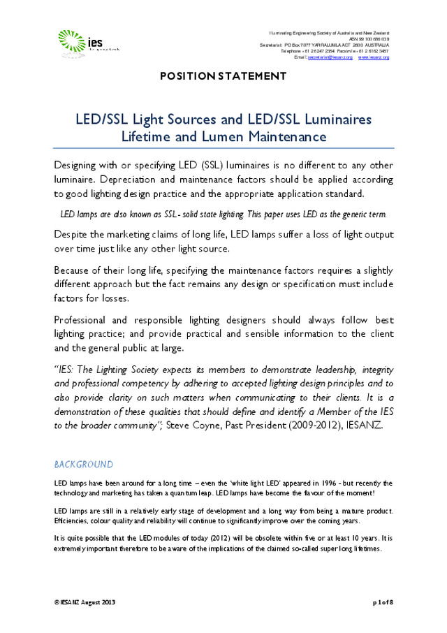 LED/SSL Light Sources and LED/SSL Luminaires Lifetime and Lumen Maintenance - IES