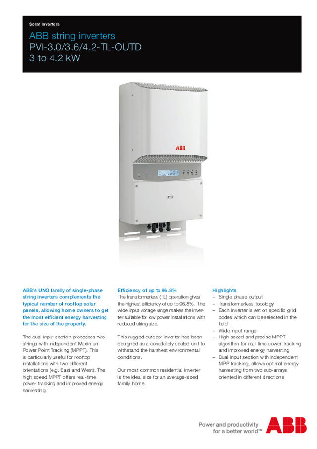 ABB PVI-3.0/3.6/4.2-TL-OUTD 3 to 4.2 kW