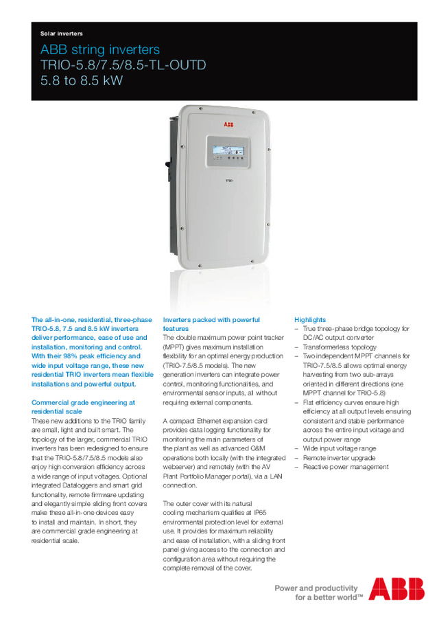 ABB TRIO-5.8/7.5/8.5-TL-OUTD 5.8 to 8.5 kW