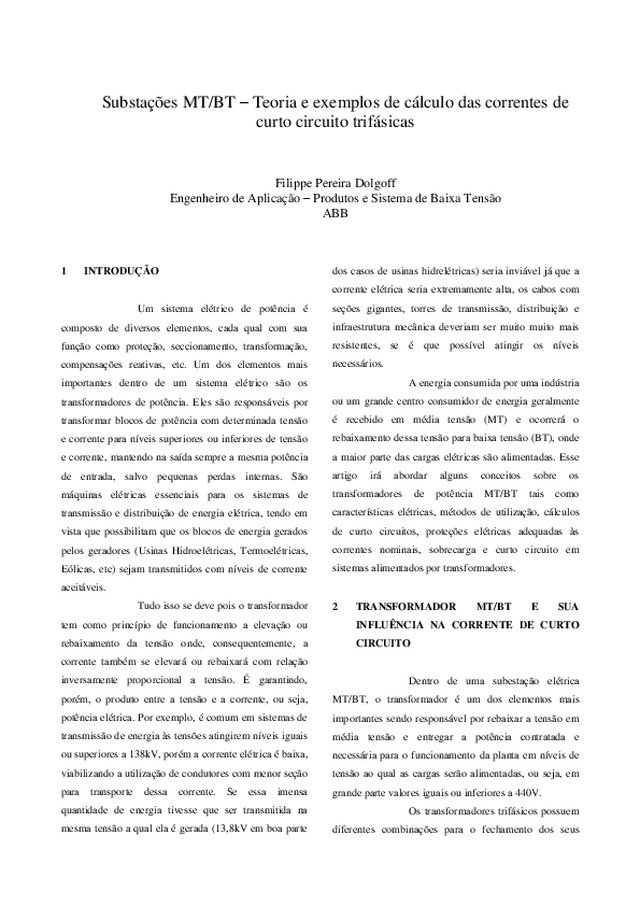 Substações MT/BT – Teoria e exemplos de cálculo das correntes de curto circuito trifásicas