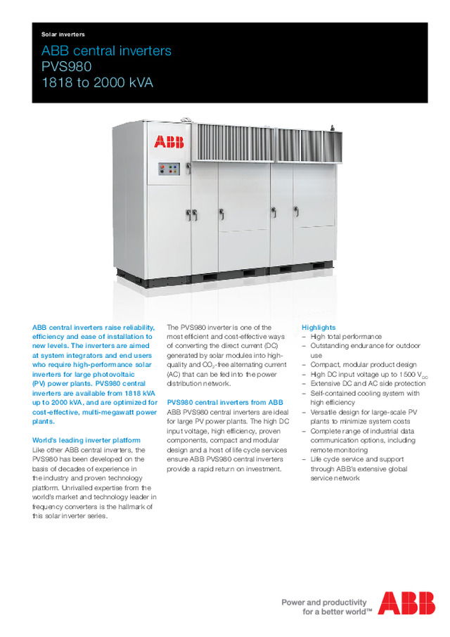 Ficha técnica dos inversores PVS980 1818 a 2000 kVA da ABB