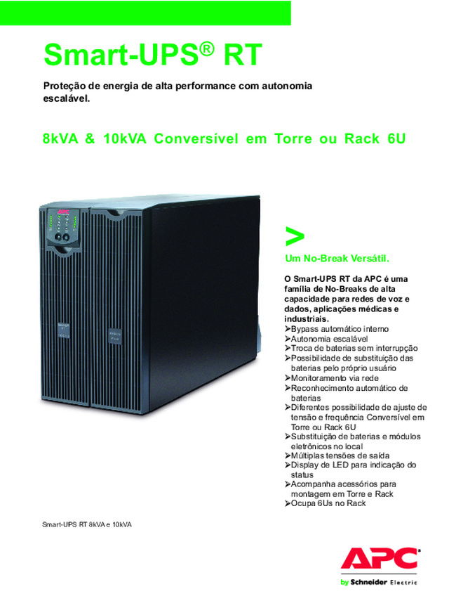 Guia Rápido - Smart-UPS® RT - 8kVA & 10kVA Conversível em Torre ou Rack 6U