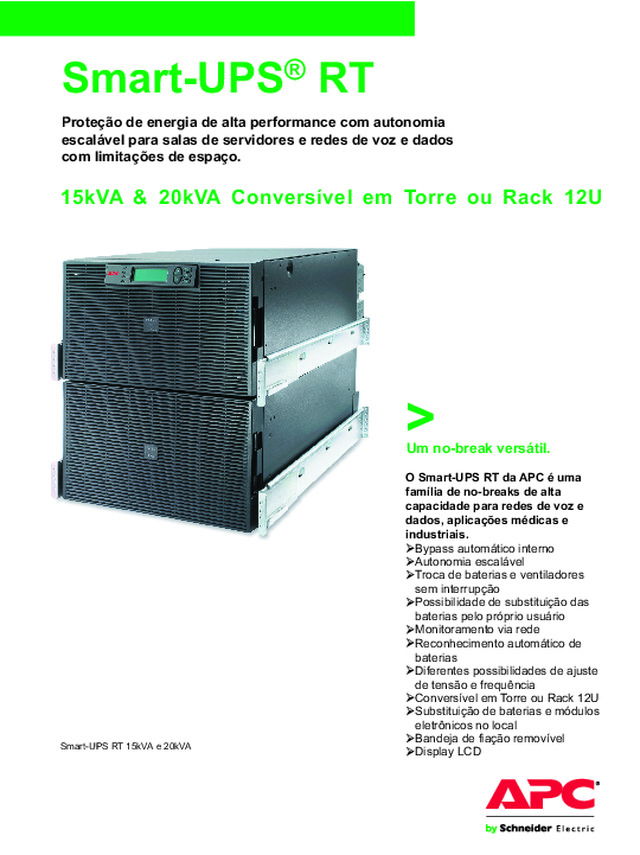 Guia Rápido - Smart-UPS® RT - 15kVA & 20kVA Conversível em Torre ou Rack 12U