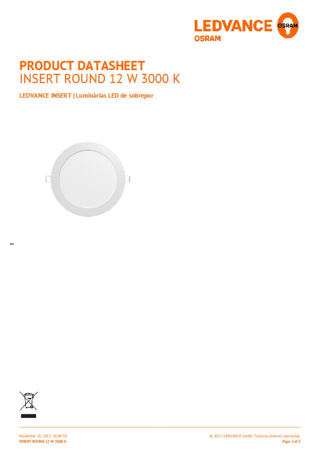 Ficha técnica de produto LEDVANCE INSERT ROUND 12W 3000K