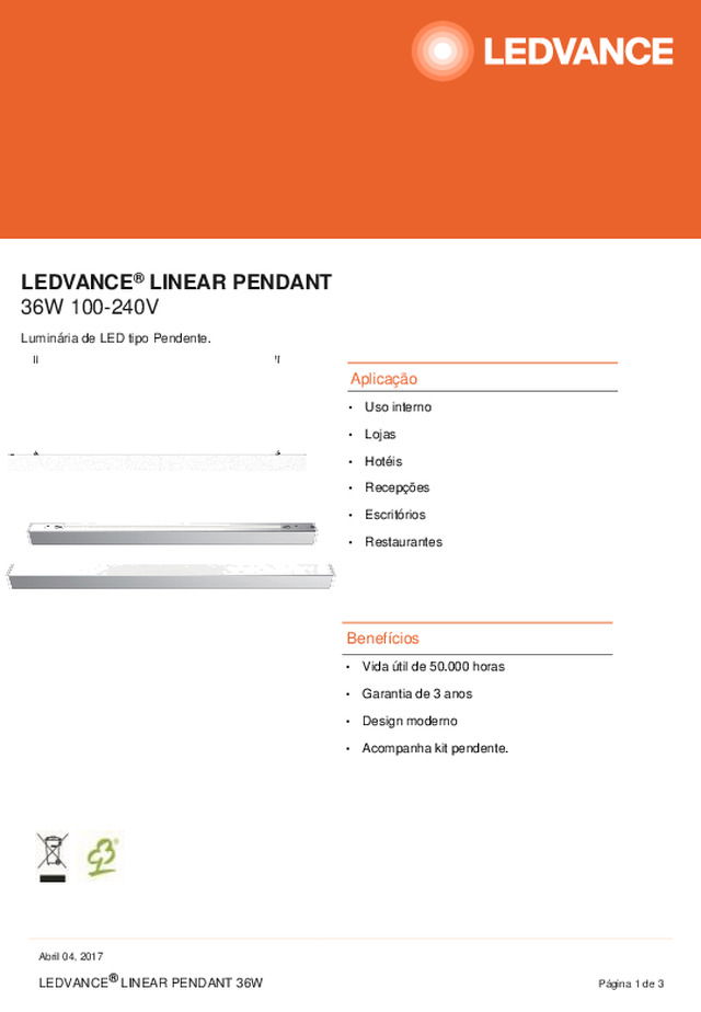 LEDVANCE®LINEAR PENDANT 36W100-240V