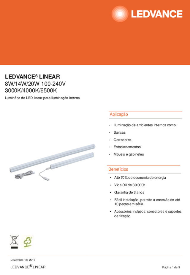 LEDVANCE® LINEAR 8W/14W/20W 100-240V 3000K/4000K/6500K