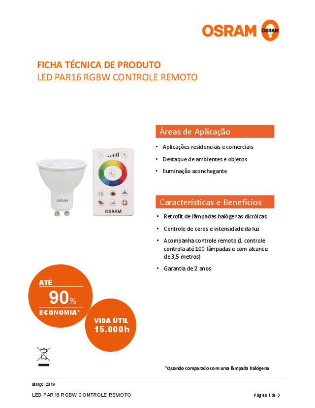 Ficha técnica | LED PAR16 RGBW CONTROLE REMOTO da LEDVANCE