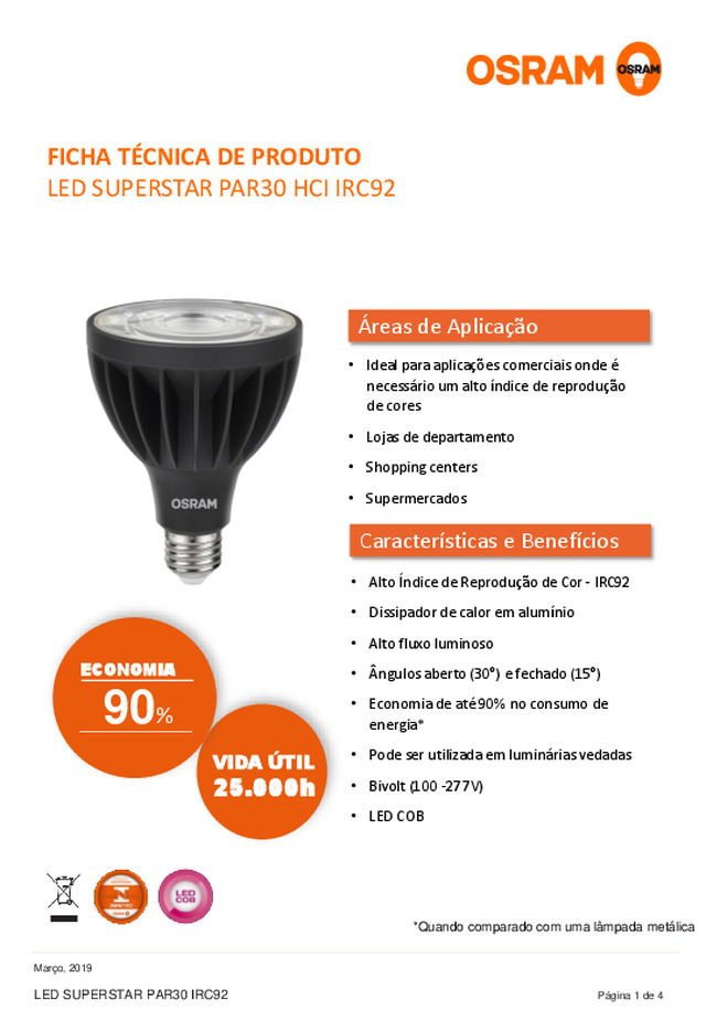 Ficha técnica | LED SUPERSTAR PAR30 HCI IRC92 da LEDVANCE