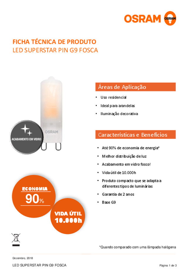 Ficha técnica | LED SUPERSTAR PIN G9 FOSCA da LEDVANCE