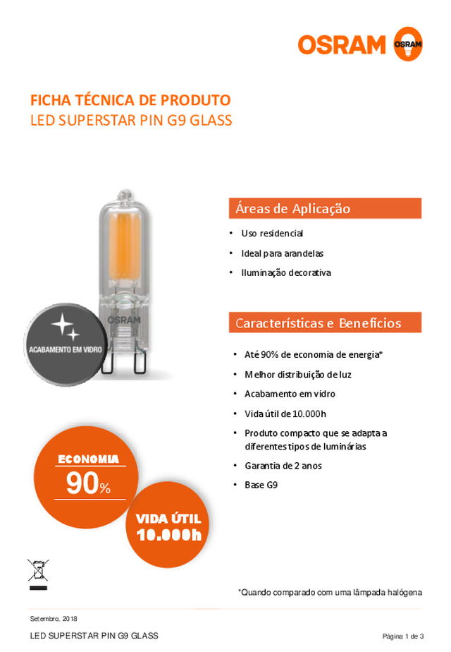 Ficha técnica | LED SUPERSTAR PIN G9 GLASS da LEDVANCE