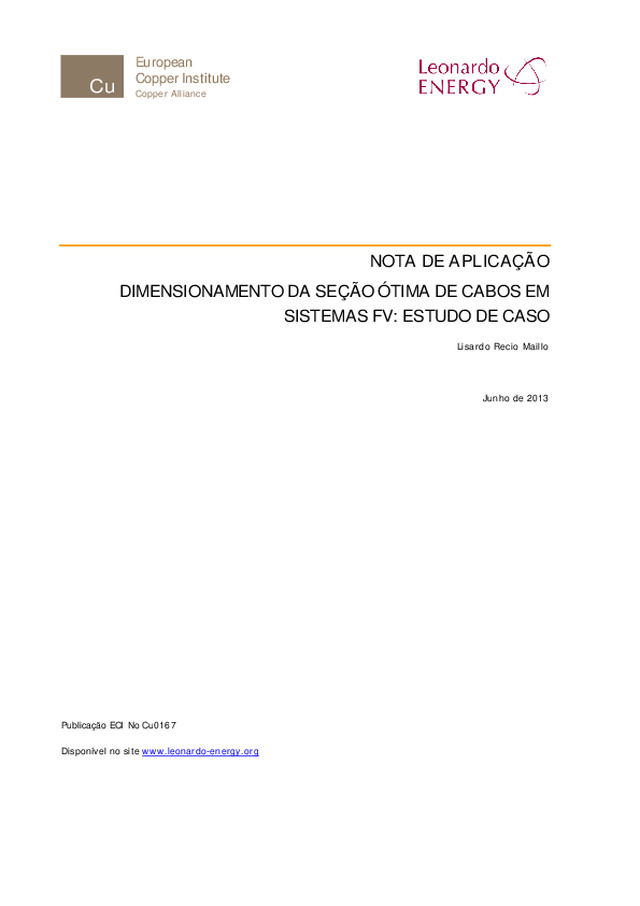 Dimensionamento da seção ótima de cabos em sistemas  fotovoltaicos: Estudo de caso