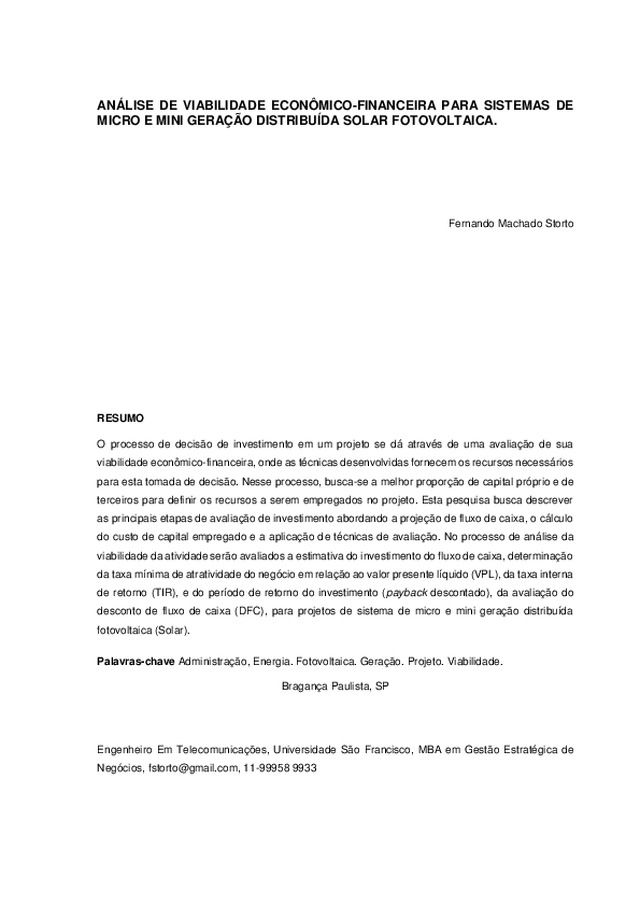 Análise de viabilidade econômica-financeira para sistemas de micro e mini geração distribuída solar fotovoltaica
