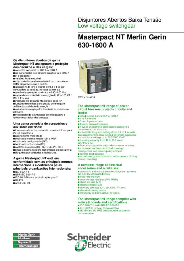 Panorama de Disjuntores Abertos Masterpact NT de 630 a 1600A