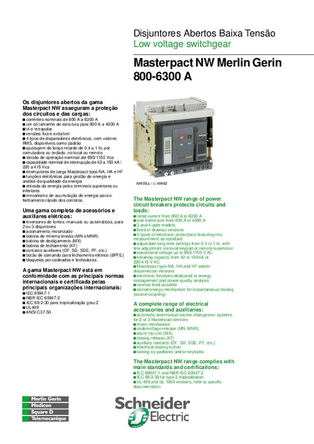 Panorama de Disjuntores Abertos Masterpact NW de 800 a 6300A