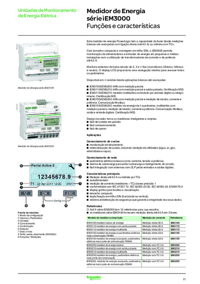 Medidores PowerLogic® série iEM3000 - Medidores trifásicos de medição direta (até 63A) ou indireta para aplicações prediais de rateio de energia e alocação de custos