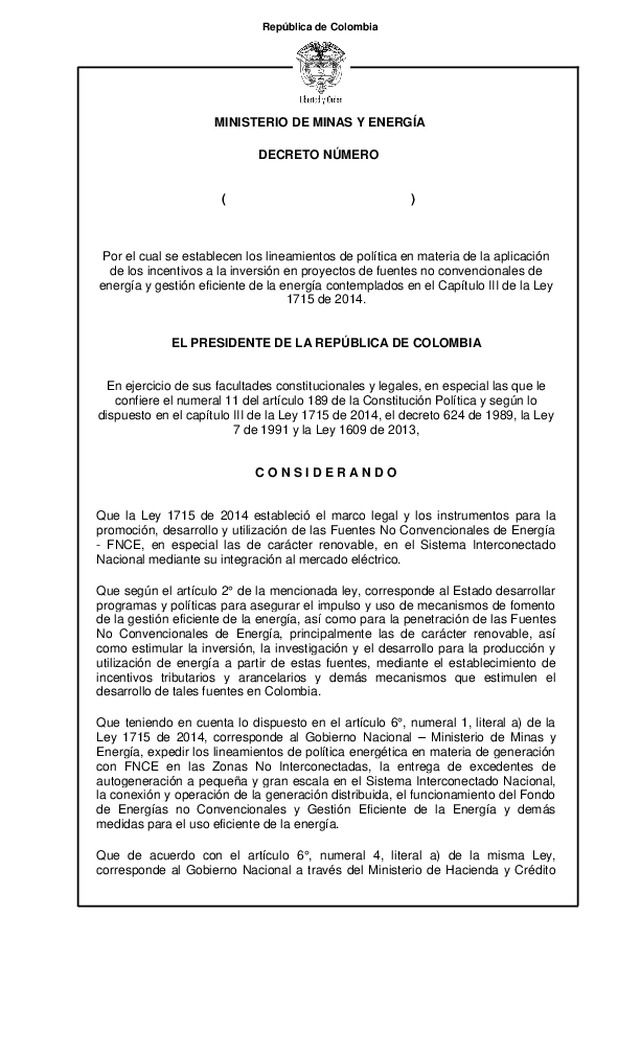 Publicado Proyecto de incentivos a FNCE y Gestión eficiente de la energía contemplados en la Ley 1715 de 2014