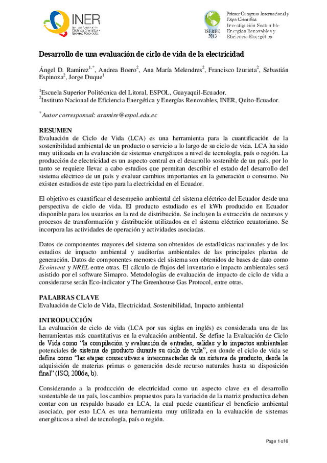 Desarrollo de una evaluación de ciclo de vida de la electricidad