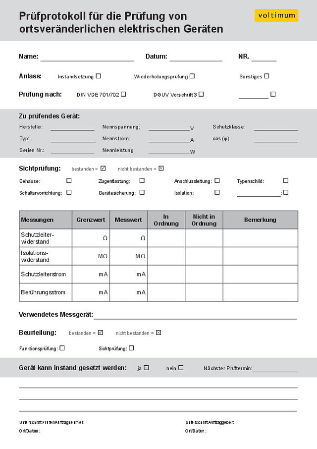 Prüfprotokoll und Grenzwerttabelle für die Prüfung von ortsveränderlichen elektrischen Geräten