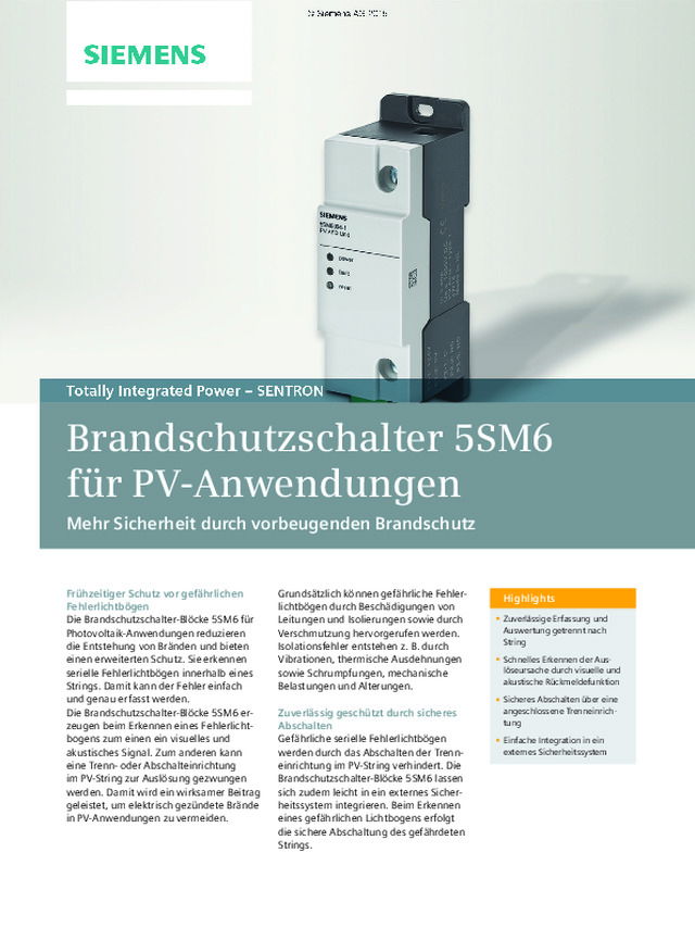 Brandschutzschalter 5SM6 für PV-Anwendungen