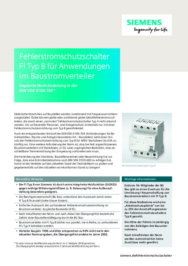 Fehlerstromschutzschalter FI Typ B für Anwendungen im Baustromverteiler