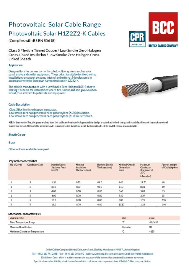 Photovoltaic Solar Cable Range Photovoltaic Solar H1Z2Z2-K Cables