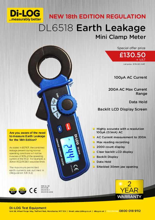 NEW 18th EDITION REGULATION DL6518 Earth Leakage Mini Clamp Meter