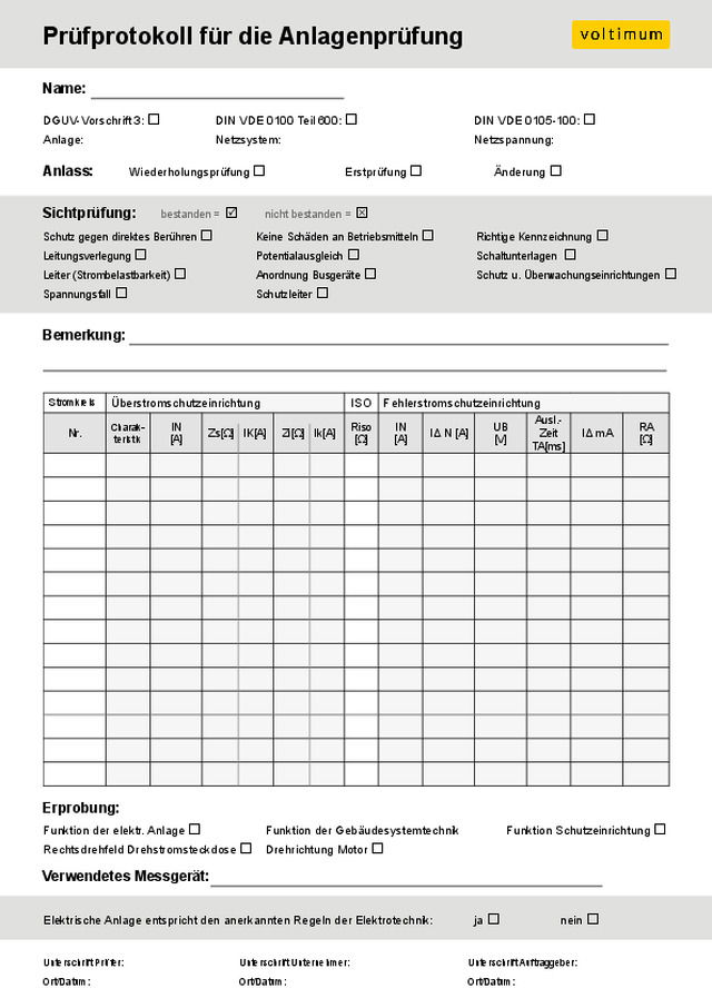 Prüfprotokoll für die Anlagenprüfung