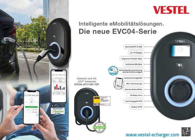 KfW-gefördert und vom ADAC für gut befunden: Vestel Wallbox EVC04-AC11SW-T2P