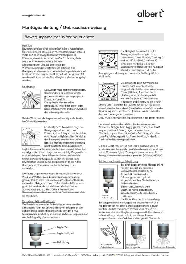 Gebrauchs­anweisung: Bewegungs­melder TYP II, für Wandleuchten
