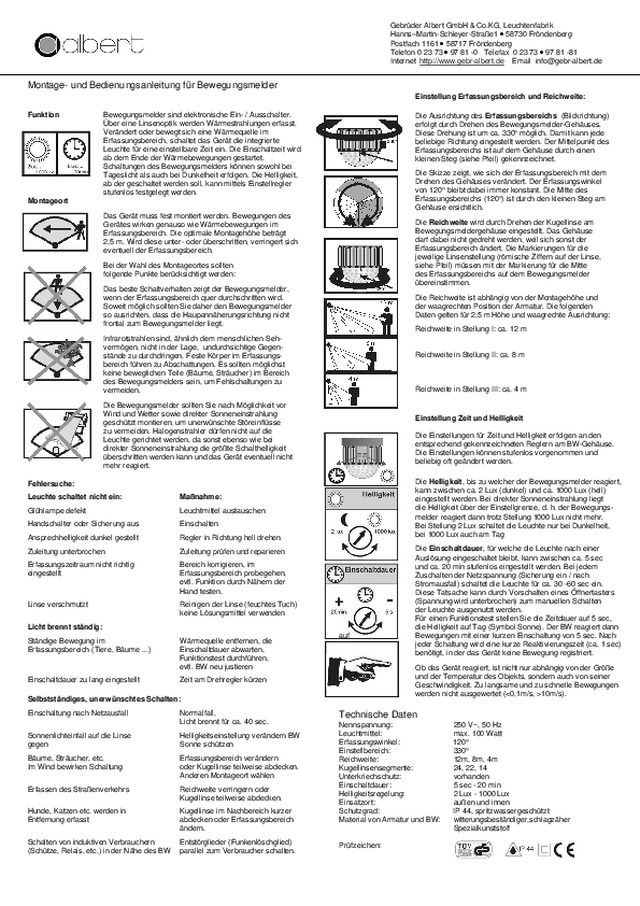 Gebrauchs­anweisung: Bewegungs­melder TYP I, für Wandleuchten (bis 2016)