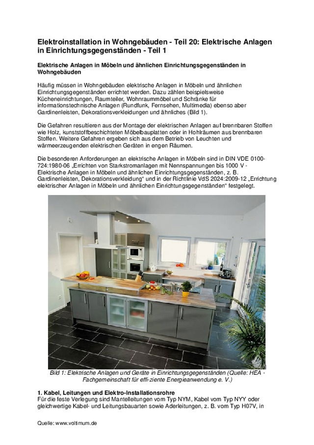 Elektroinstallation in Wohngebäuden - Teil 20: Elektrische Anlagen in Einrichtungsgegenständen - Teil 1