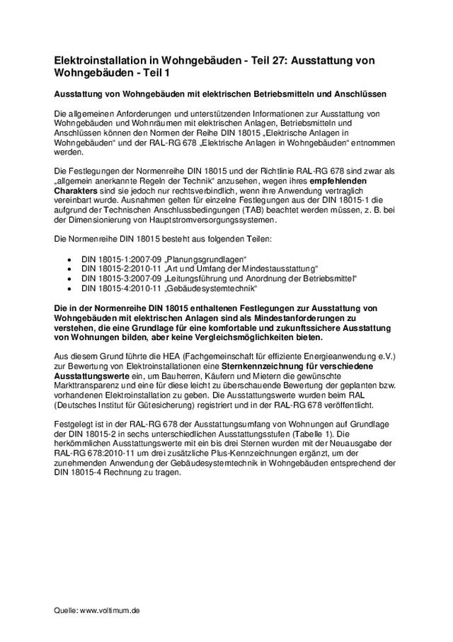 Elektroinstallation in Wohngebäuden - Teil 27: Ausstattung von Wohngebäuden - Teil 1