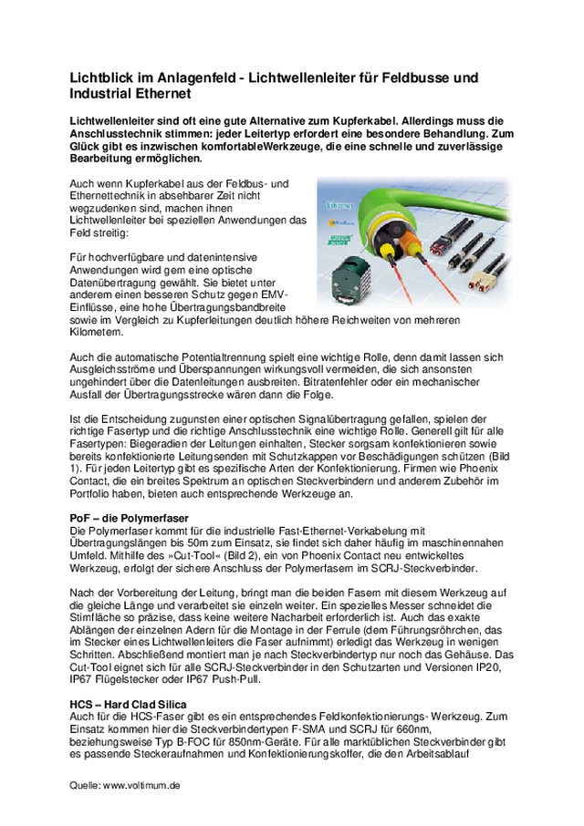 Lichtwellenleiter für Feldbusse und Industrial Ethernet