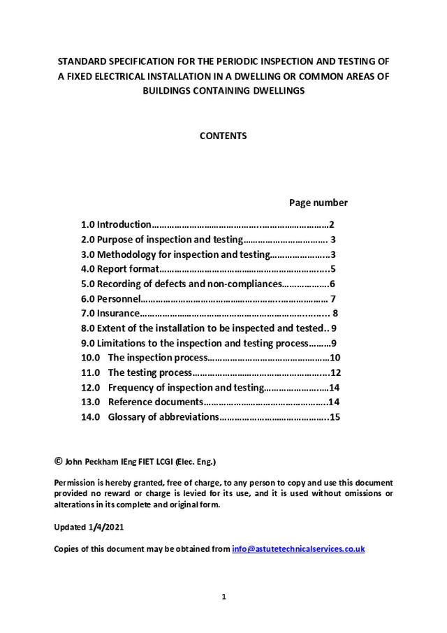 Standard specification for the periodic inspection and testing of a fixed electrical installation in a dwelling or common areas of a building containing dwellings