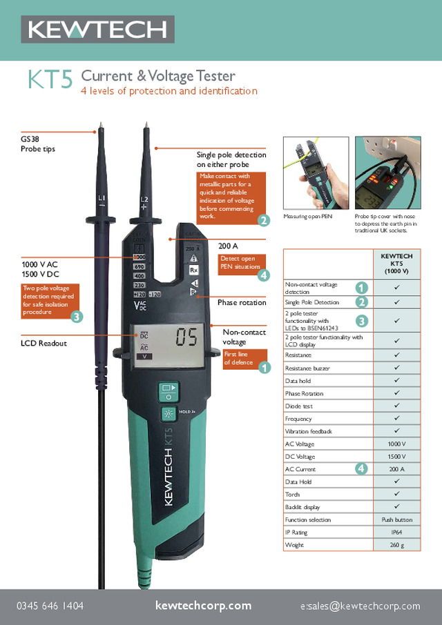 KT5 Current & Voltage Tester: 4 levels of protection and identification