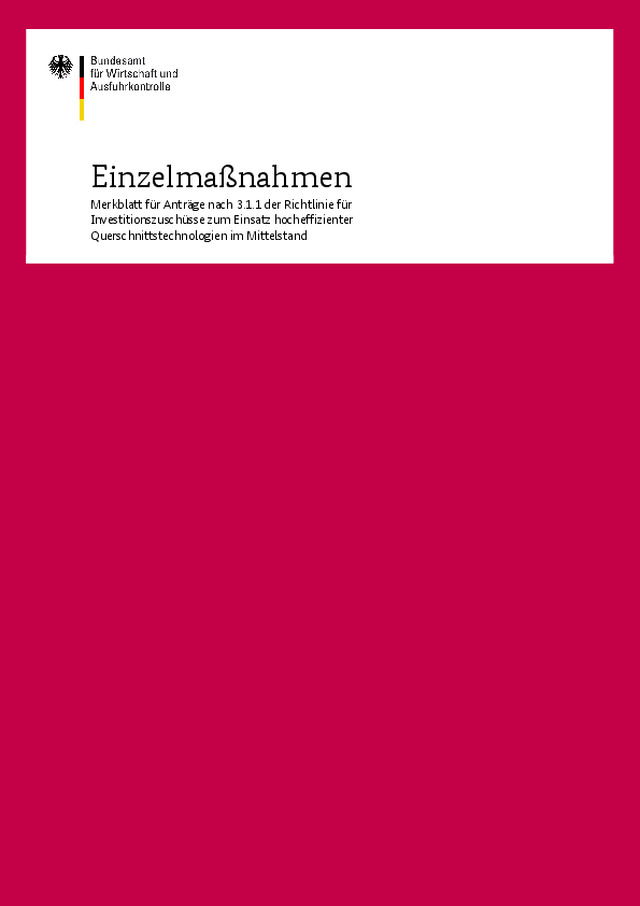 Merkblatt für Anträge nach 3.1.1 der Richtlinie für Investitionszuschüsse zum Einsatz hocheffizienter Querschnittstechnologien im Mittelstand