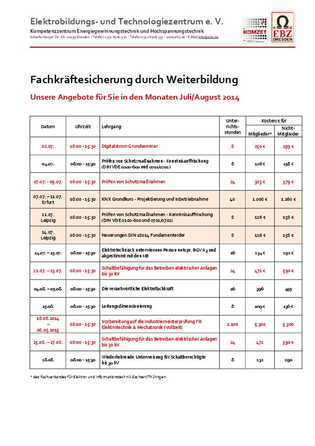 Fachkräftesicherung durch Weiterbildung - Unsere Angebote für Sie in den Monaten Juli/August 2014