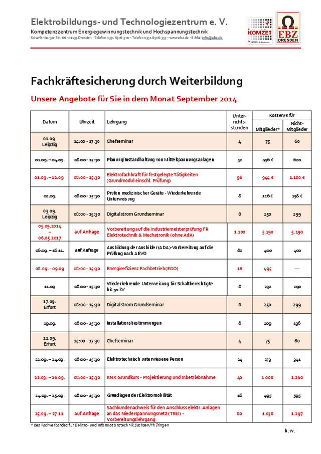 Fachkräftesicherung durch Weiterbildung - Unsere Angebote für Sie in dem Monat September 2014