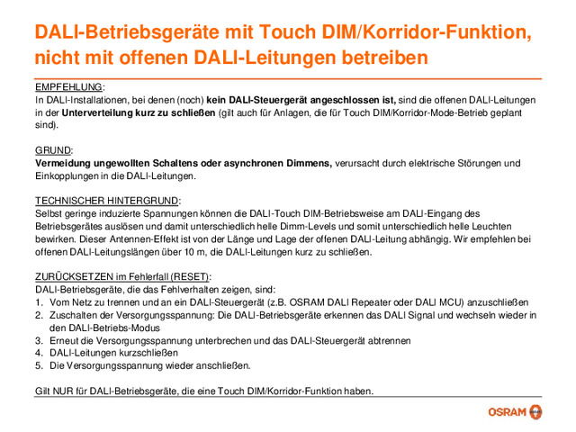 DALI-Betriebsgeräte mit Touch DIM/Korridor-Funktion, nicht mit offenen DALI-Leitungen betreiben