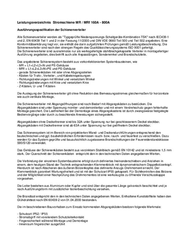 Leistungsverzeichnis Stromschiene MR / MRf 160A - 800A